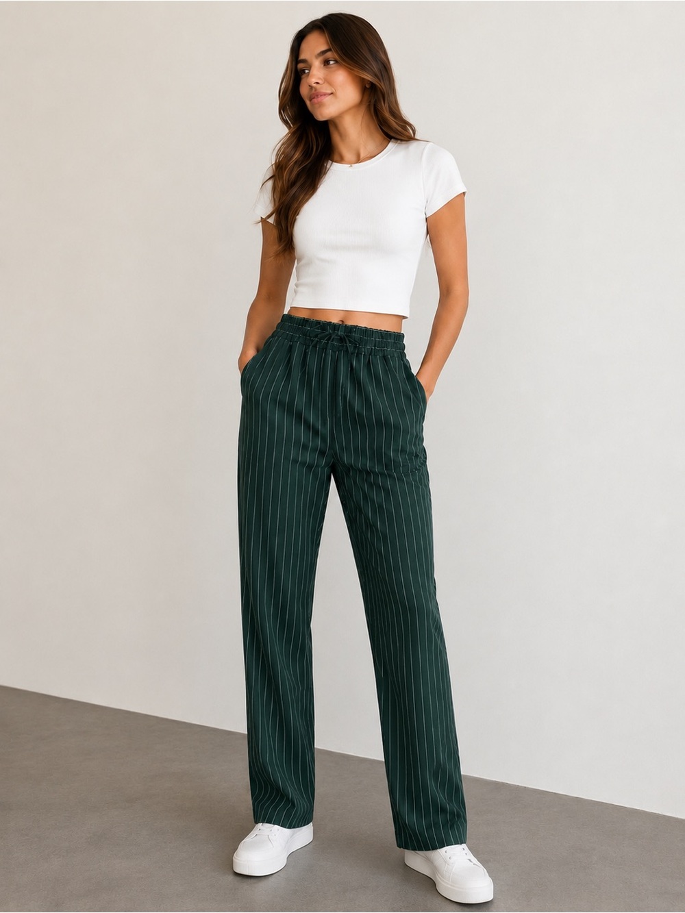 MNML Green Pinstripe Drawstring Straight Leg Pants Women's Size S
